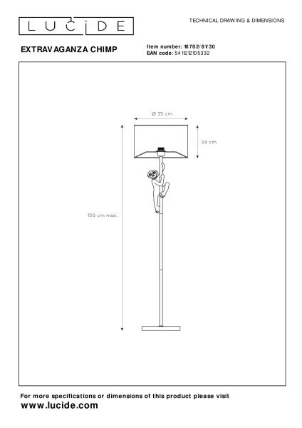 Lucide EXTRAVAGANZA CHIMP - Vloerlamp - Ø 35 cm - 1xE27 - Zwart - technisch